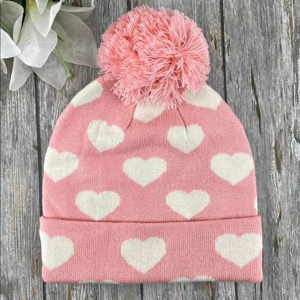 Baby Toddler Weatherproof Pink and White Heart Kids Beanie
